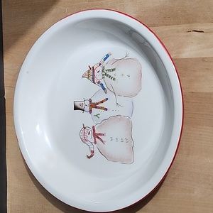 Sakura Snowman Friends Pie Dish, White & Red, Hand-Painted EUC!